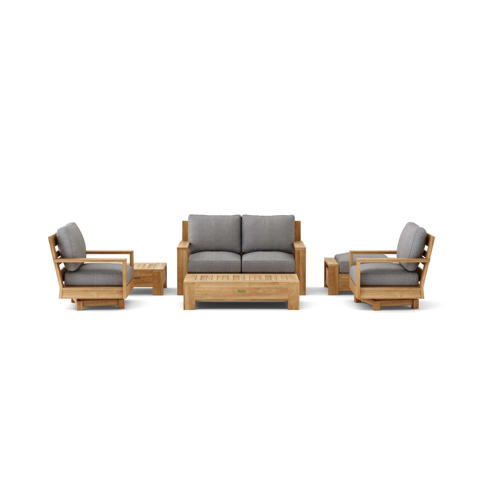Outdoor furniture set with wooden frames and gray cushions on a white background