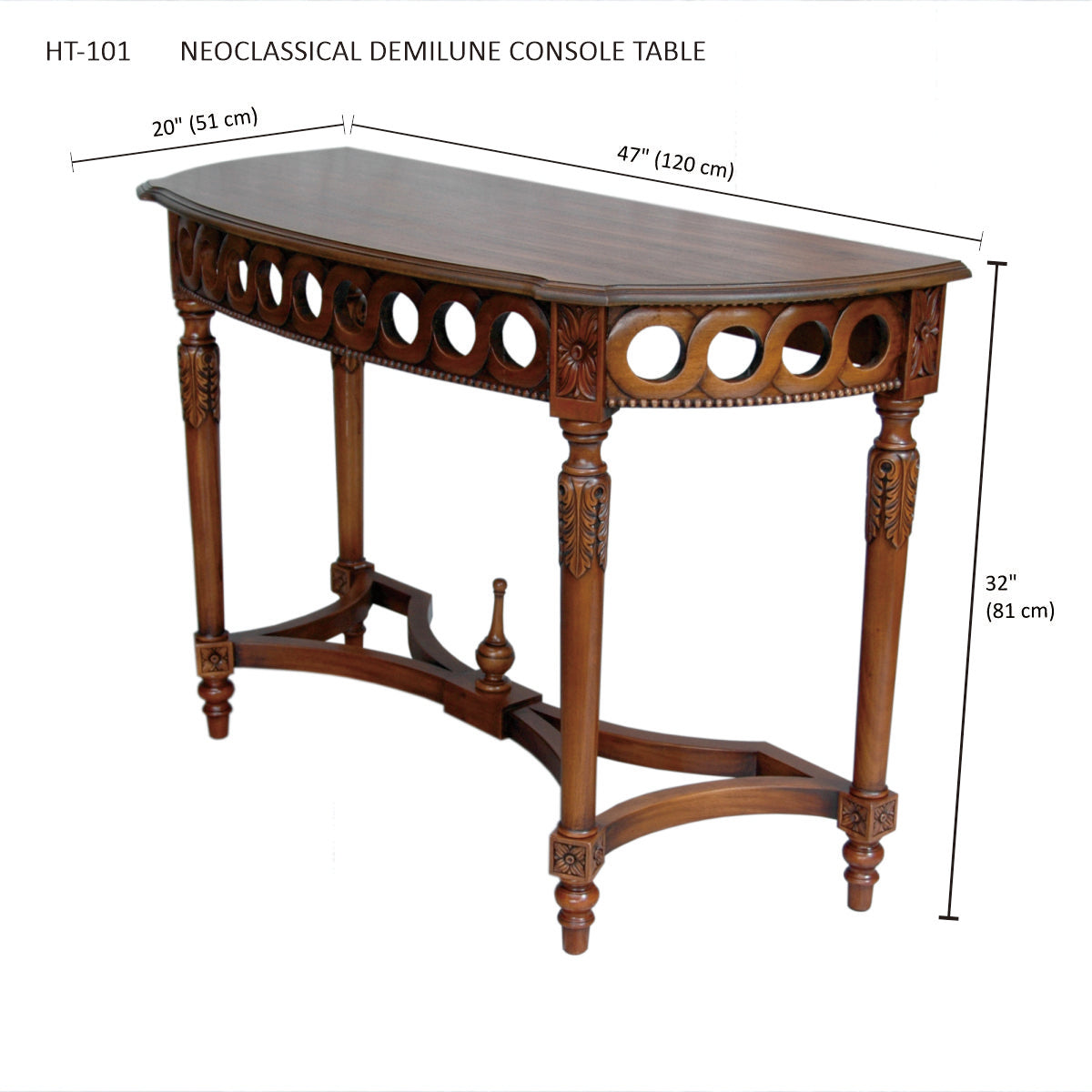 Neoclassical Demilune console table with dimensions on a white background
