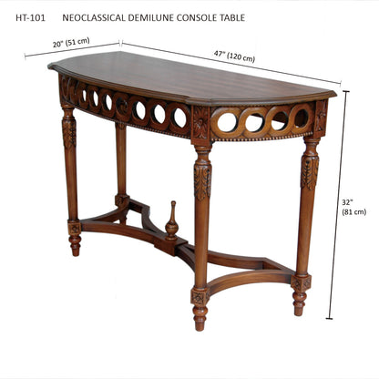 Neoclassical Demilune console table with dimensions on a white background