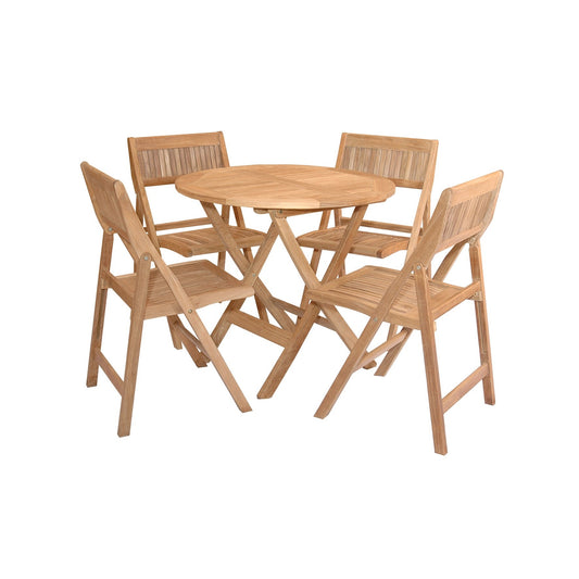Wooden outdoor table and four chairs on a white background