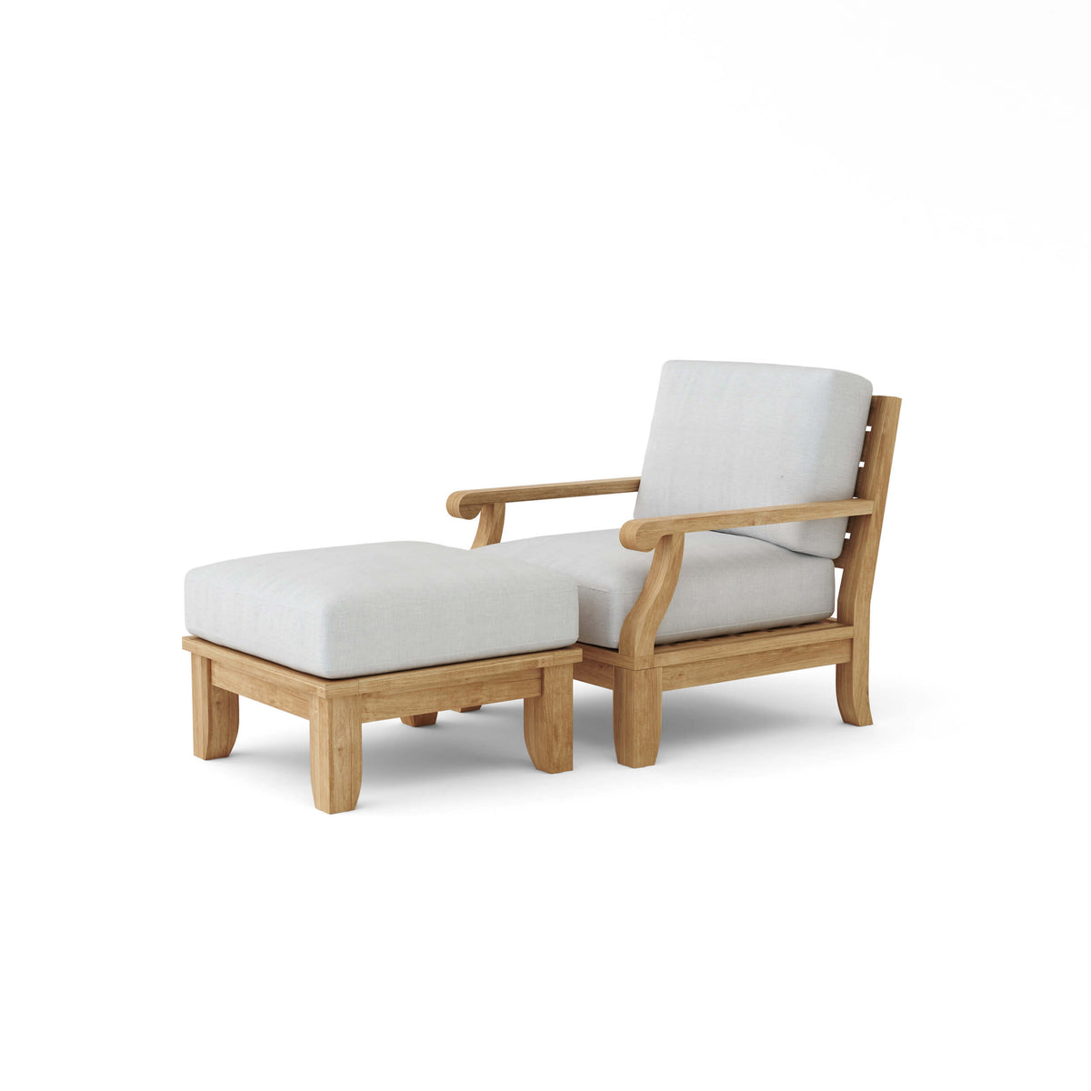 Wooden outdoor chair with white cushions on a white background