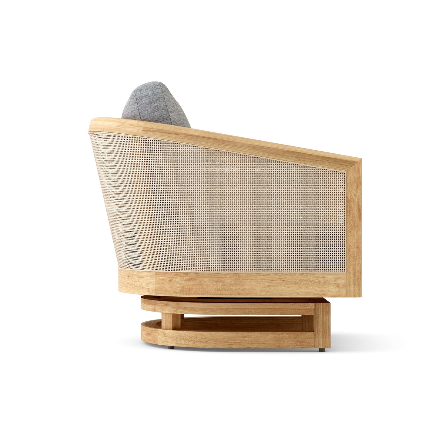 Modern chair with wooden frame and woven backrest on a white background
