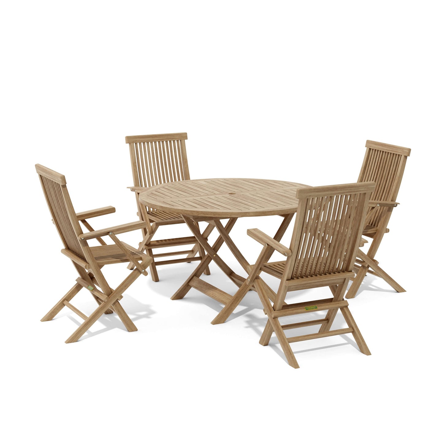 Wooden outdoor table and four chairs on a white background
