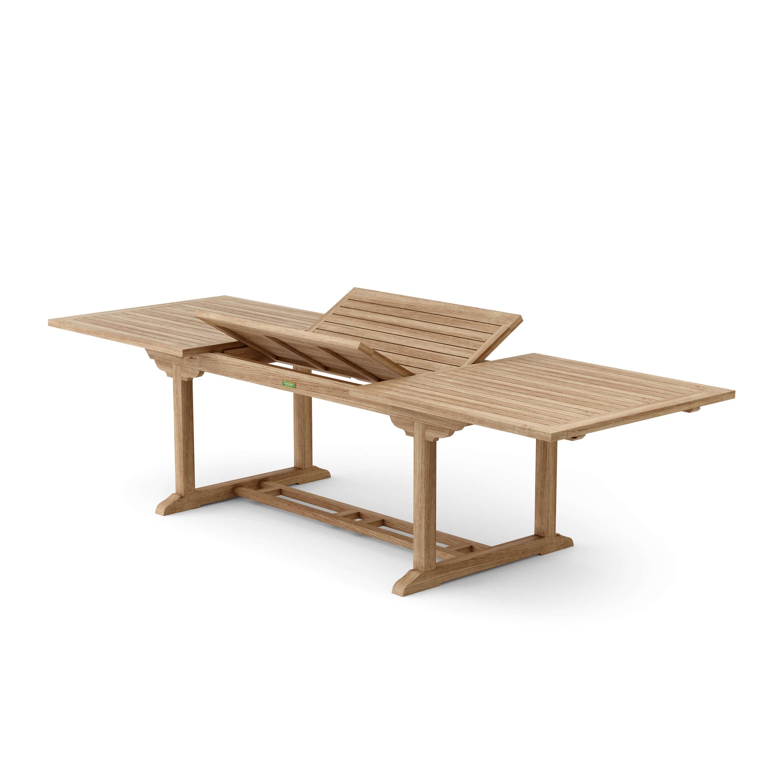 Wooden outdoor table with extendable design on a white background