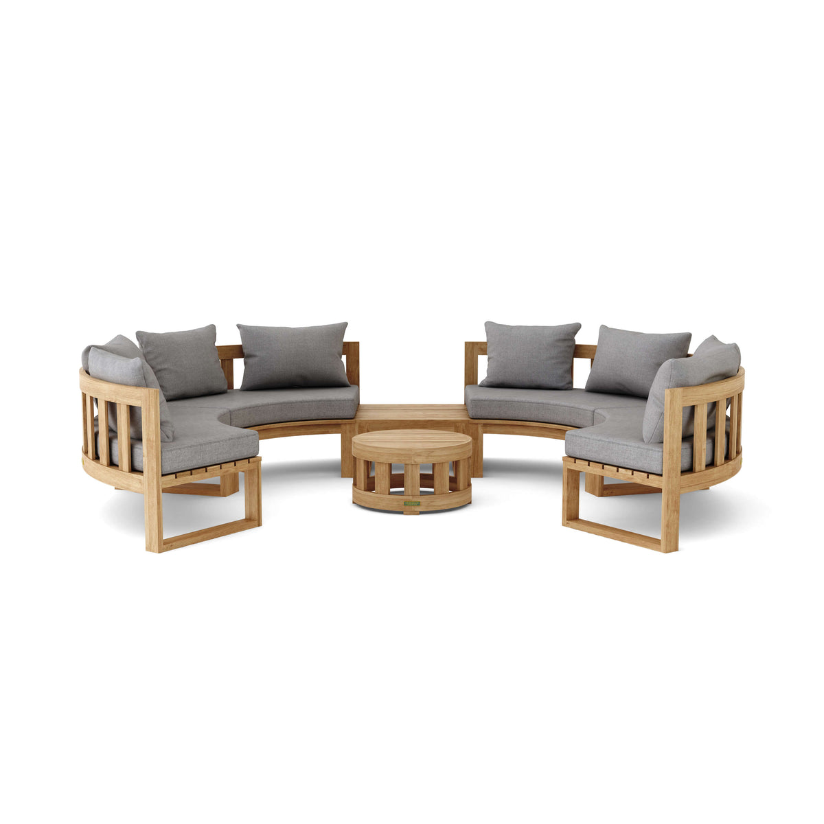 Outdoor furniture set with wooden frames and gray cushions on a white background