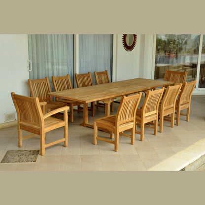 Wooden dining table with chairs on a patio