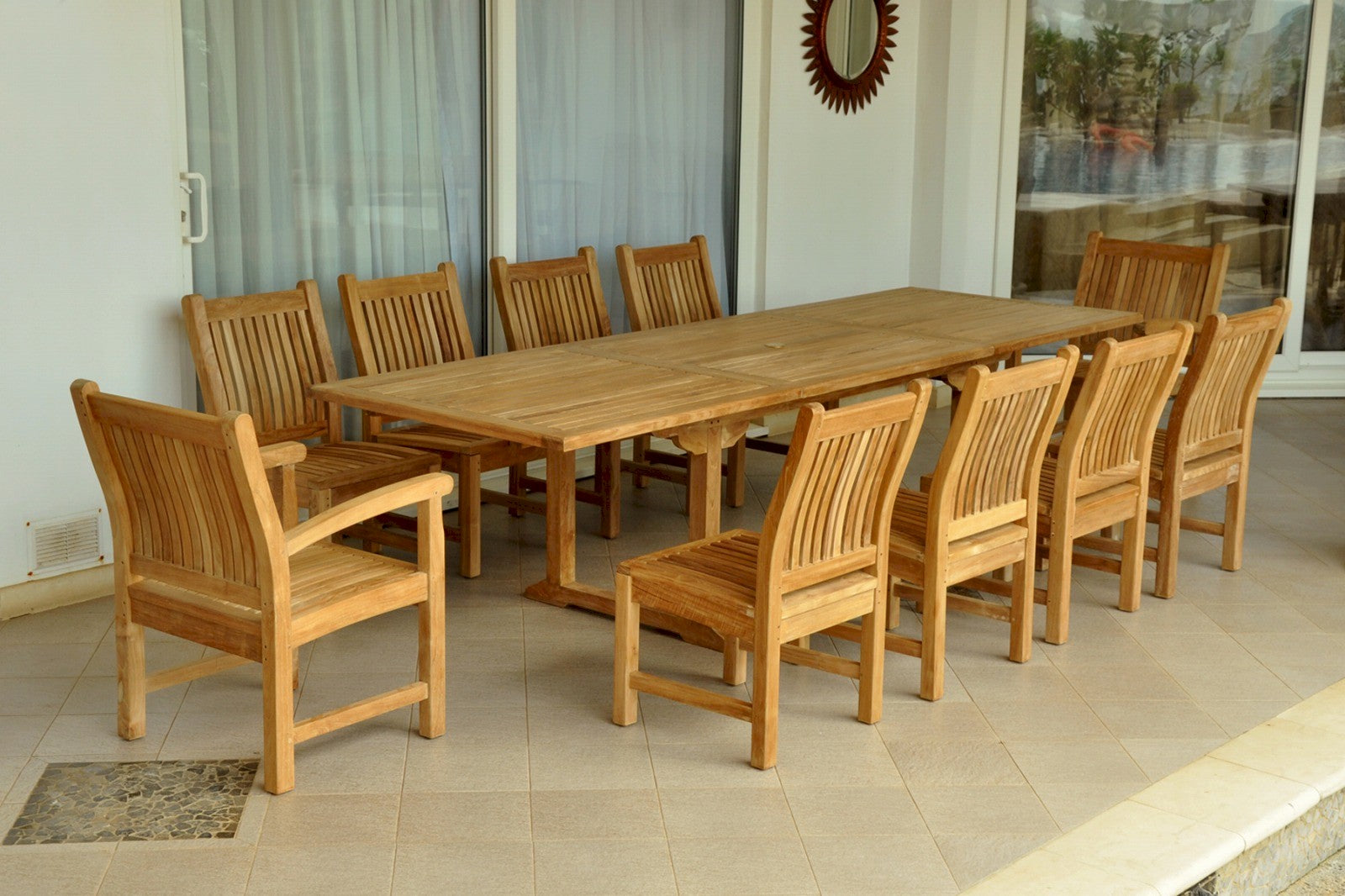 Wooden dining table with chairs on a patio