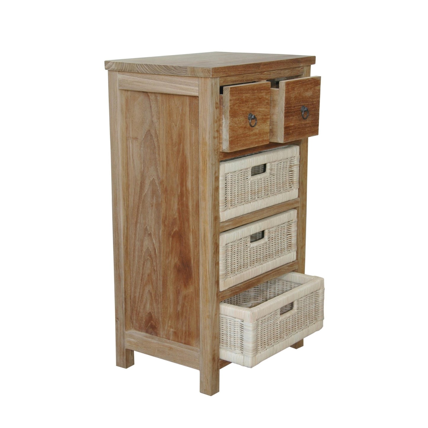 Wooden cabinet with drawers and wicker baskets on a white background