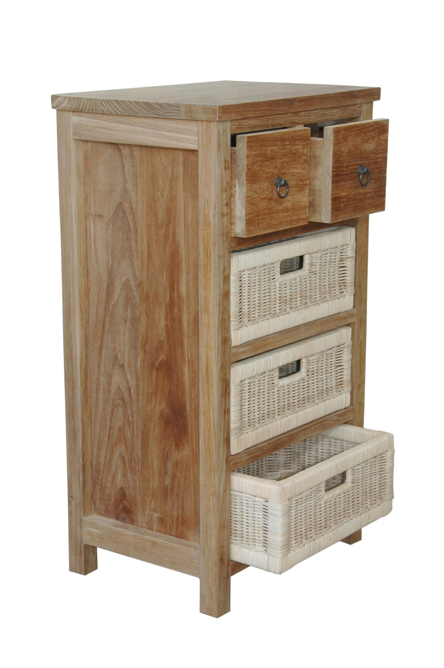 Wooden cabinet with drawers and wicker baskets on a white background