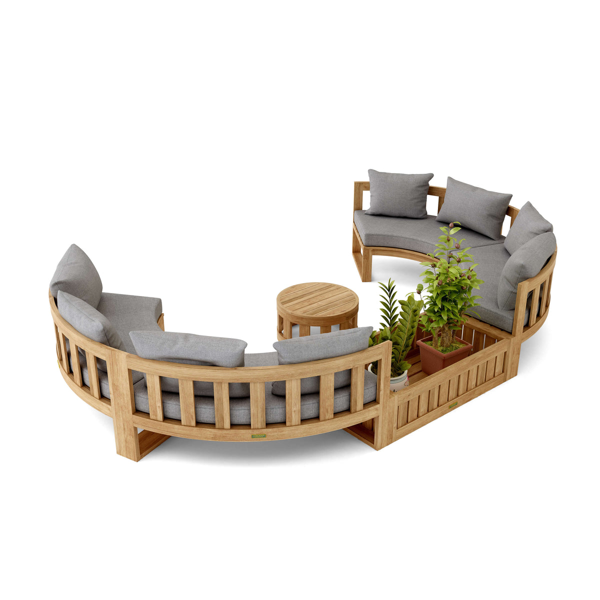 Outdoor furniture set with curved wooden sofa and round table on a white background