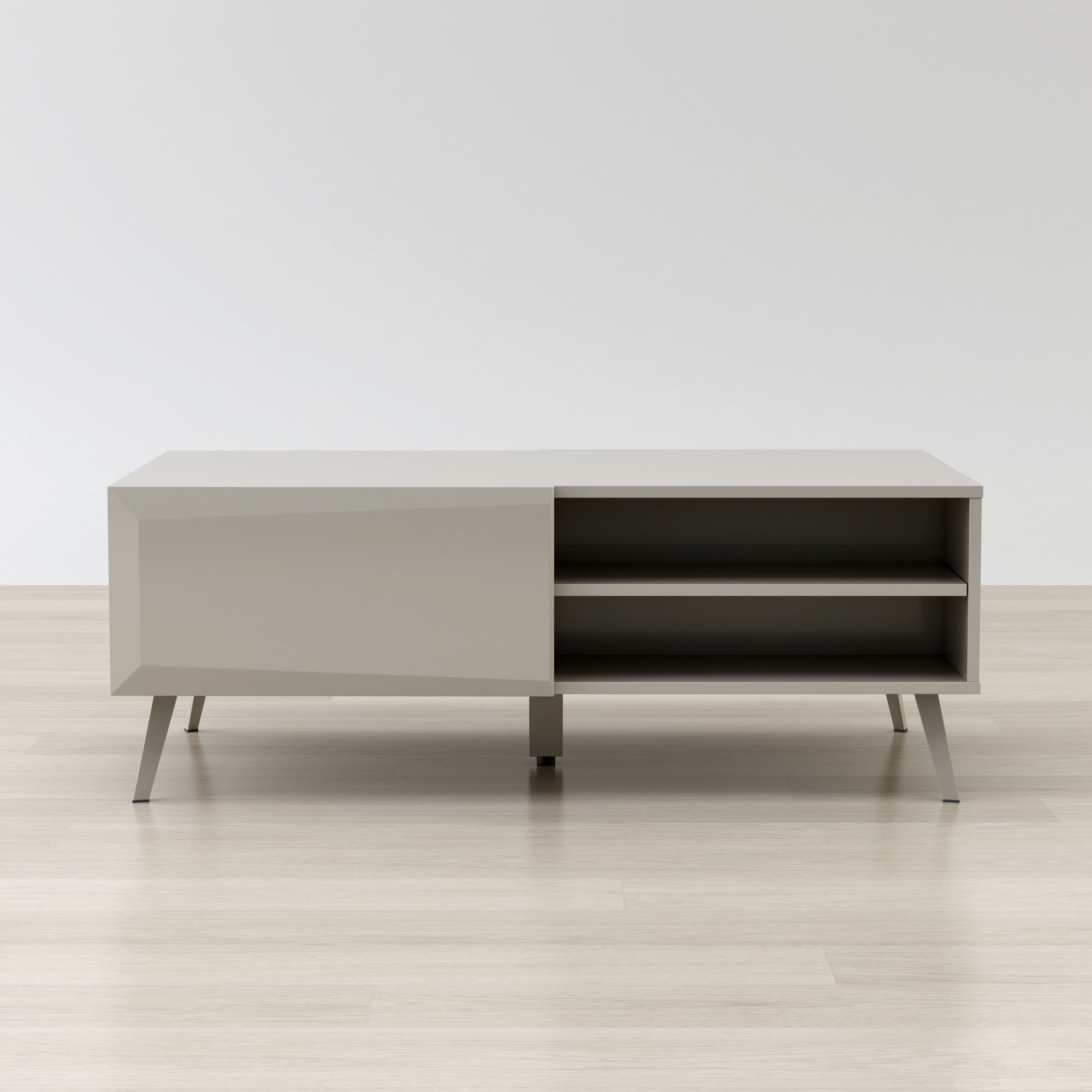 Modern TV stand with a light gray finish on a white background