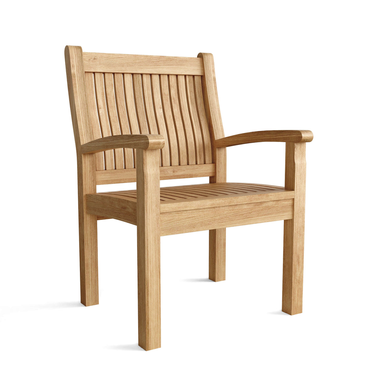Wooden chair with slatted back and seat on a white background