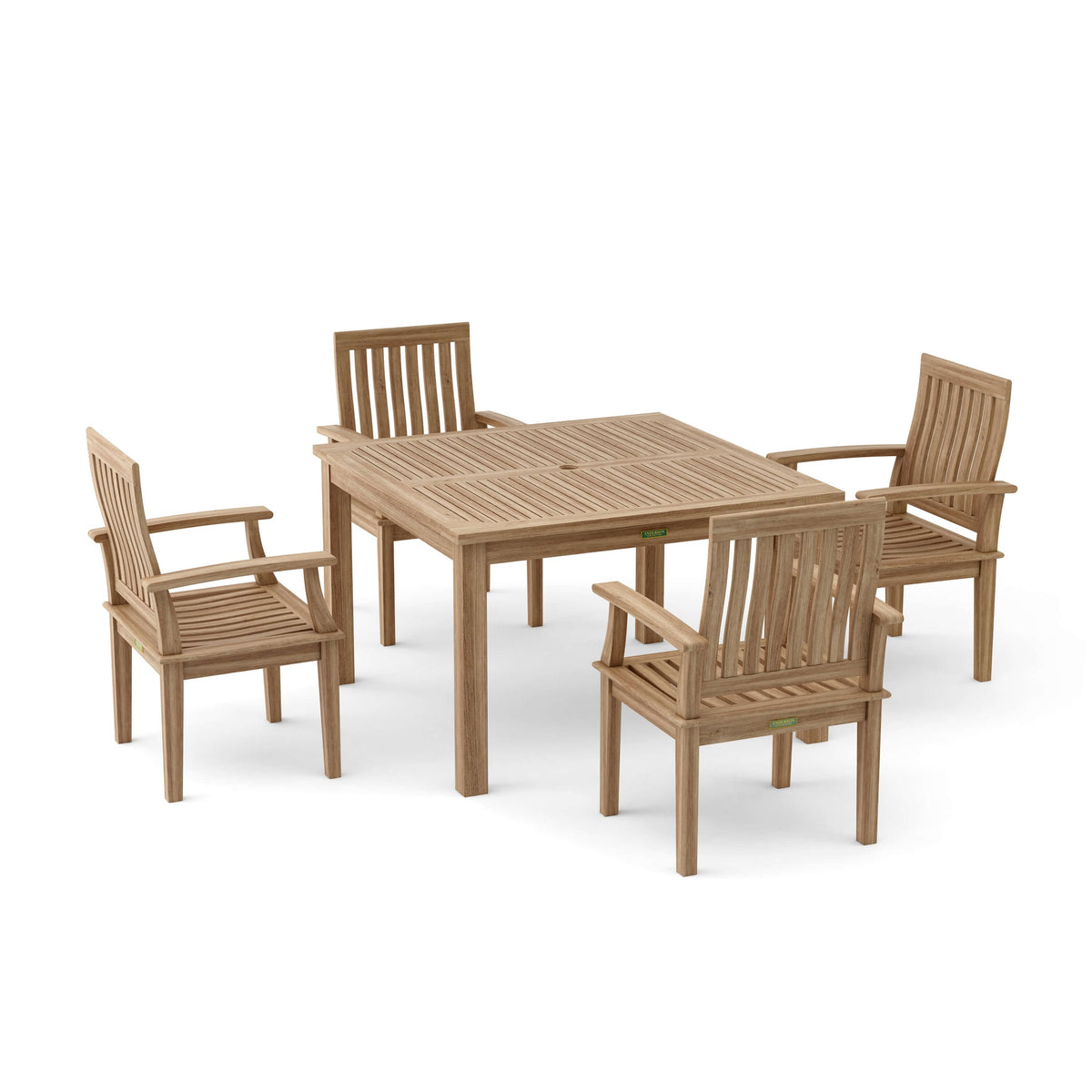 Wooden outdoor dining set with a table and four chairs on a white background