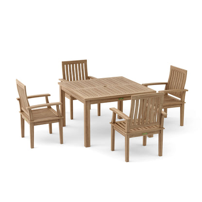Wooden outdoor dining set with a table and four chairs on a white background