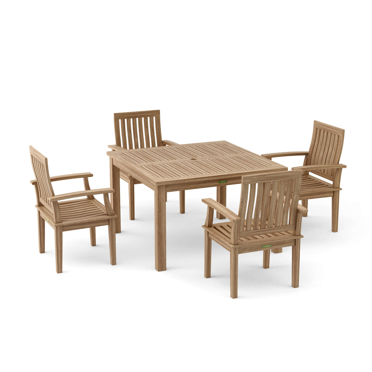 Wooden outdoor dining set with a table and four chairs on a white background