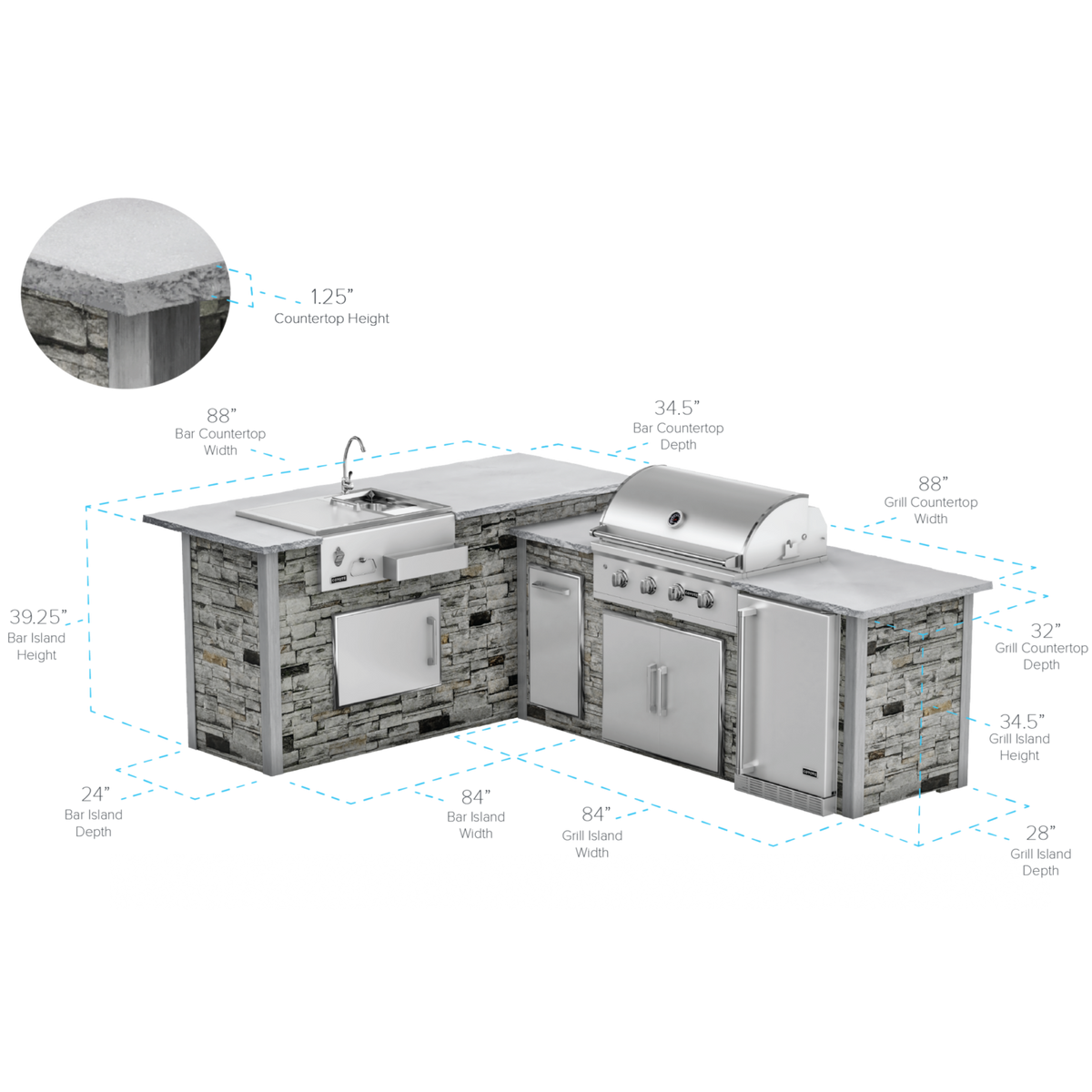 RTA Outdoor Living G7 L-Shaped Outdoor Kitchen Island with Coyote 36-Inch C-Series Grill, Fridge and Refreshment Bar - spe...