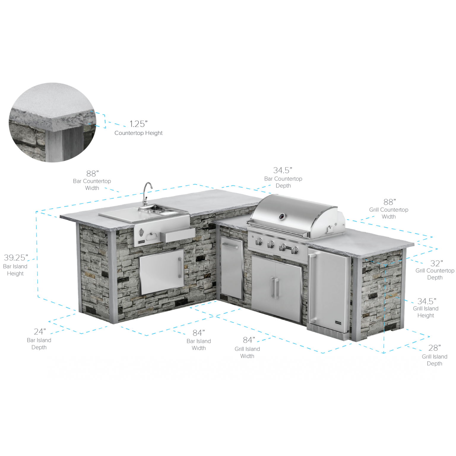 RTA Outdoor Living G7 L-Shaped Outdoor Kitchen Island with Coyote 36-Inch C-Series Grill, Fridge and Refreshment Bar - spe...