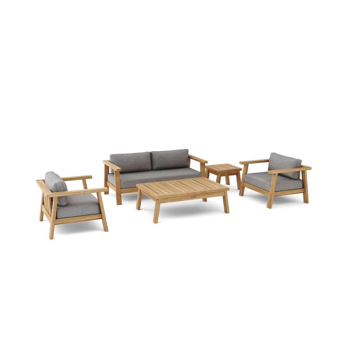 Outdoor furniture set with wooden frames and gray cushions on a white background