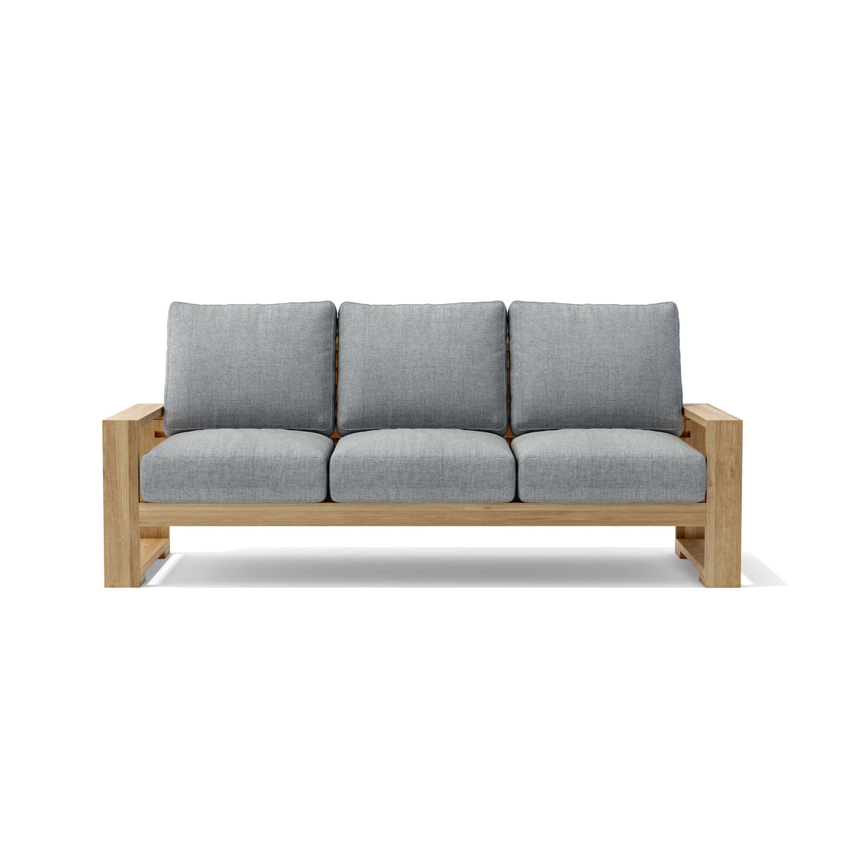 Sofa with wooden frame and gray cushions on a white background
