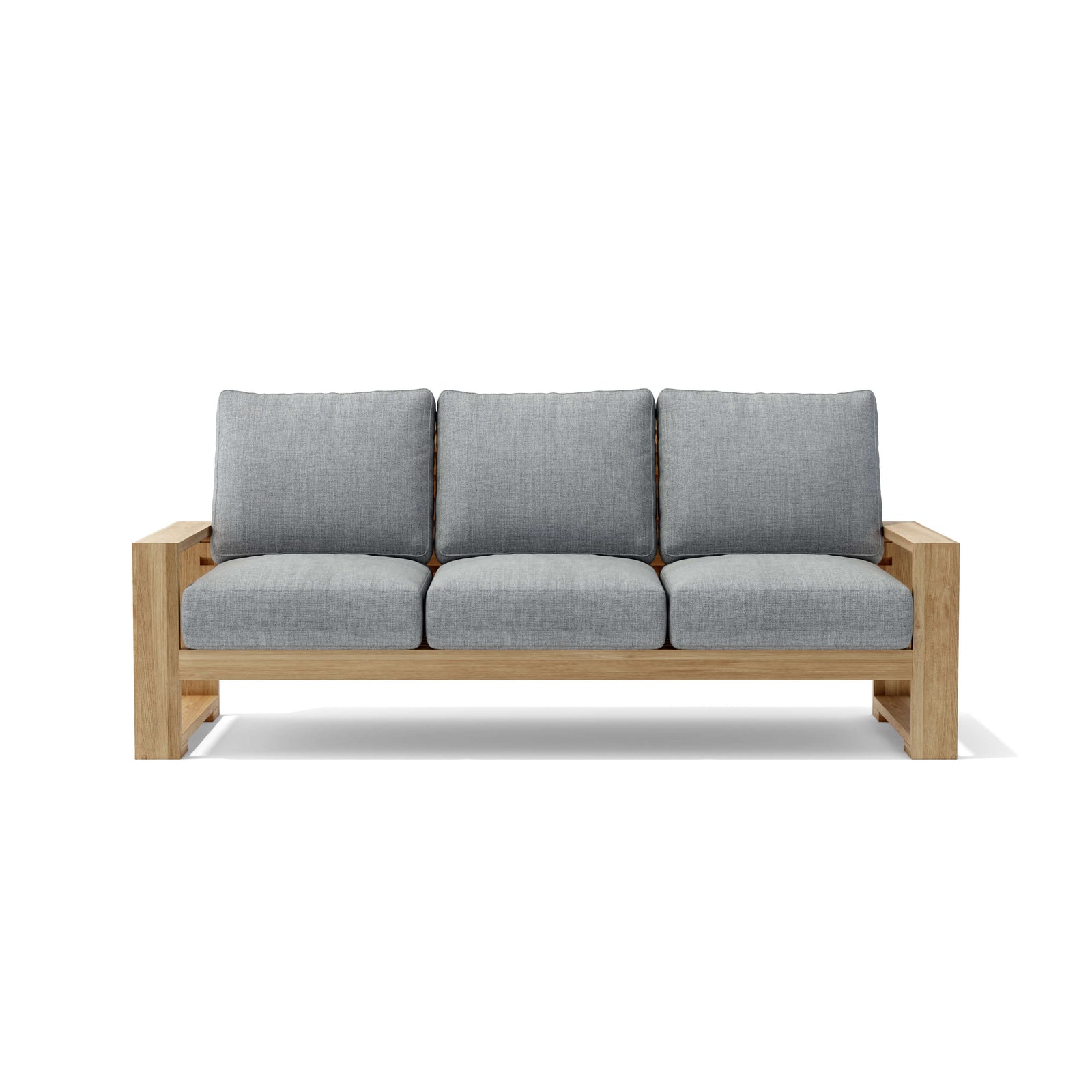 Sofa with wooden frame and gray cushions on a white background