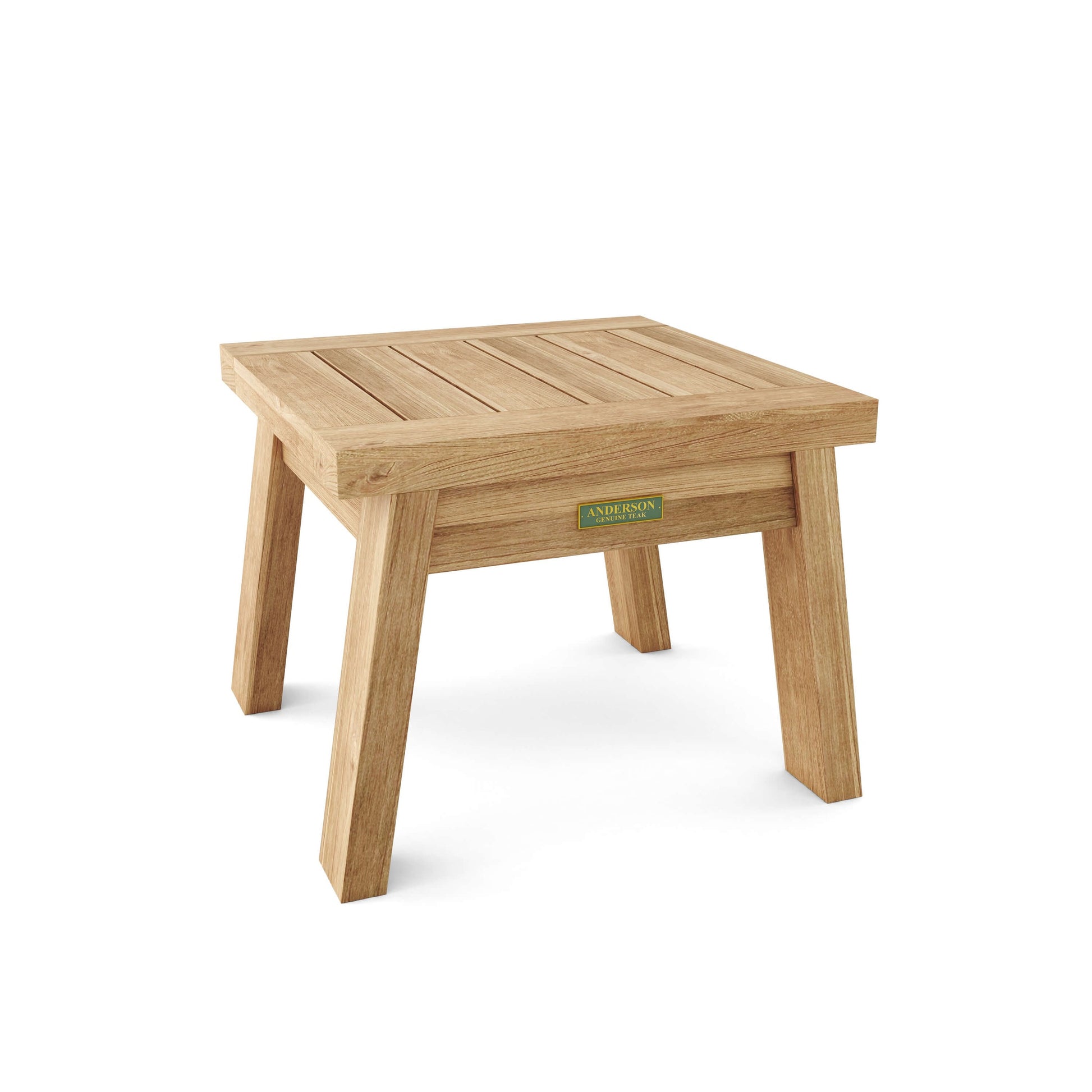 Wooden side table with a brand label on a white background