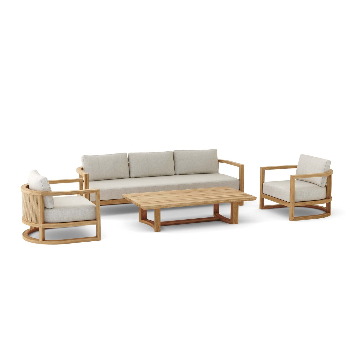 Outdoor furniture set with sofa, chairs, and table on a white background