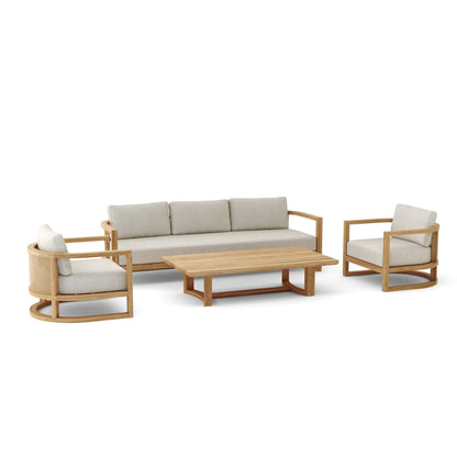 Outdoor furniture set with sofa, chairs, and table on a white background