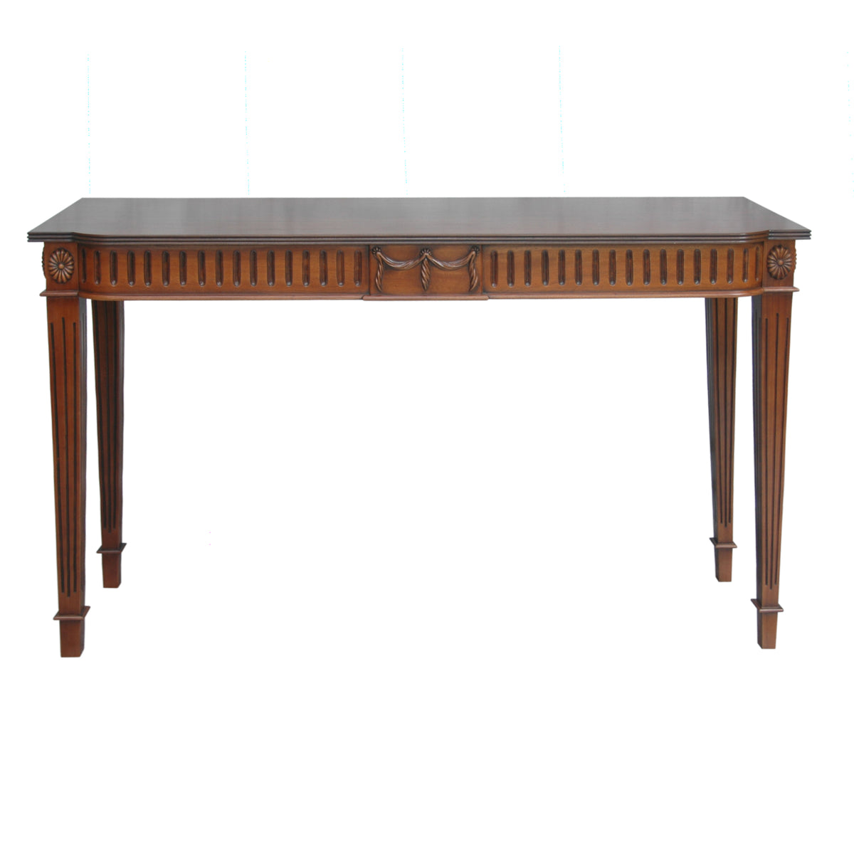 Wooden console table with a white background