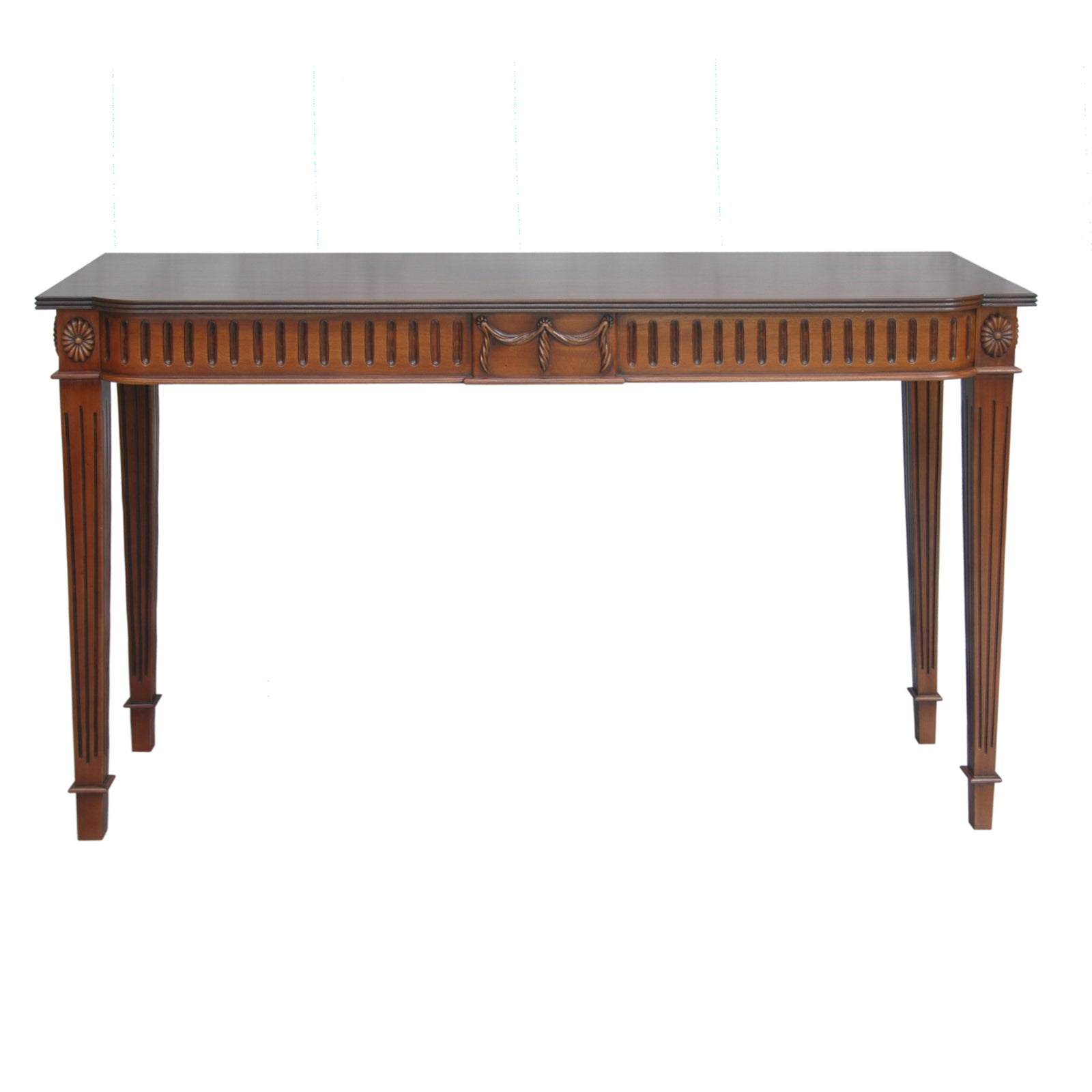 Wooden console table with a white background