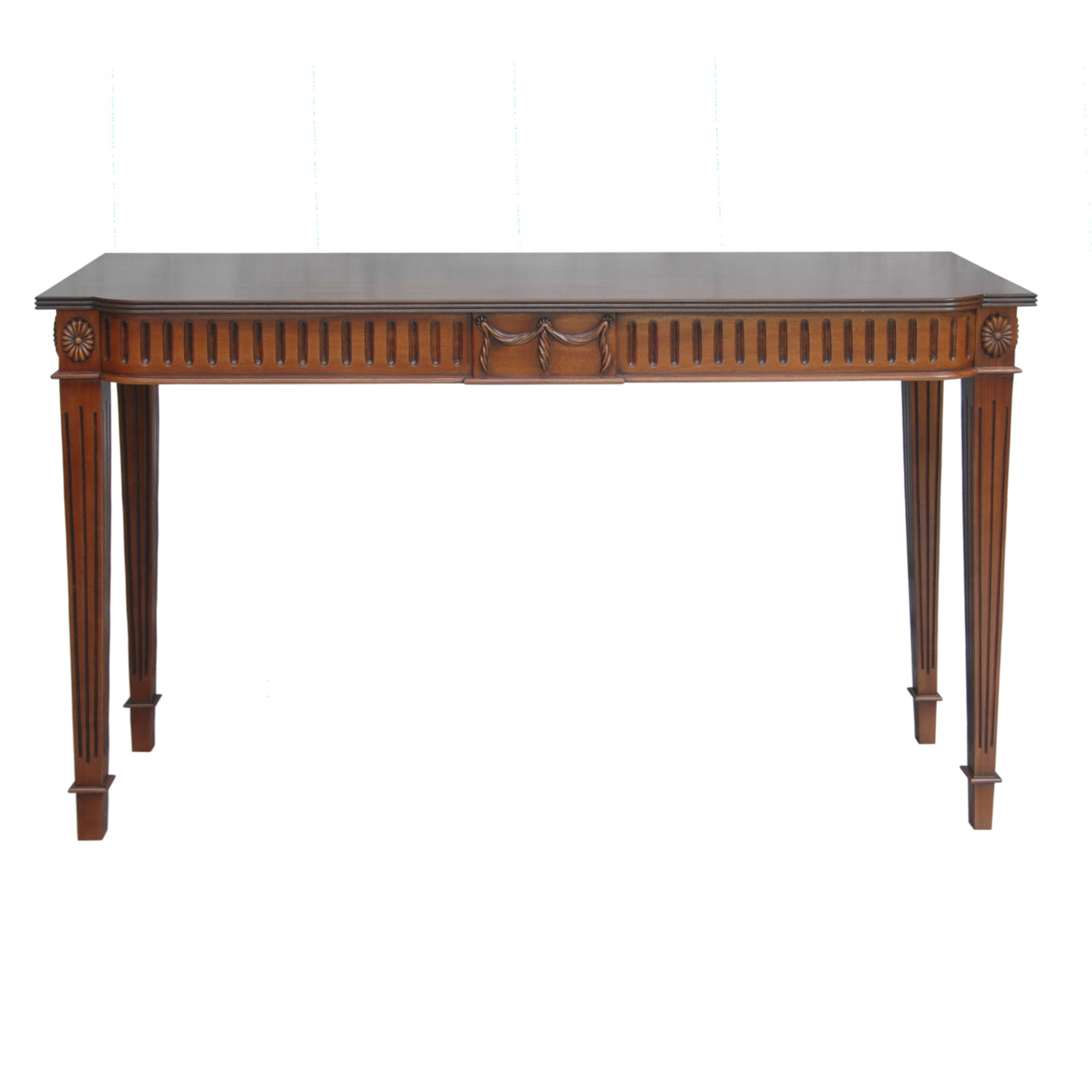 Wooden console table with a white background