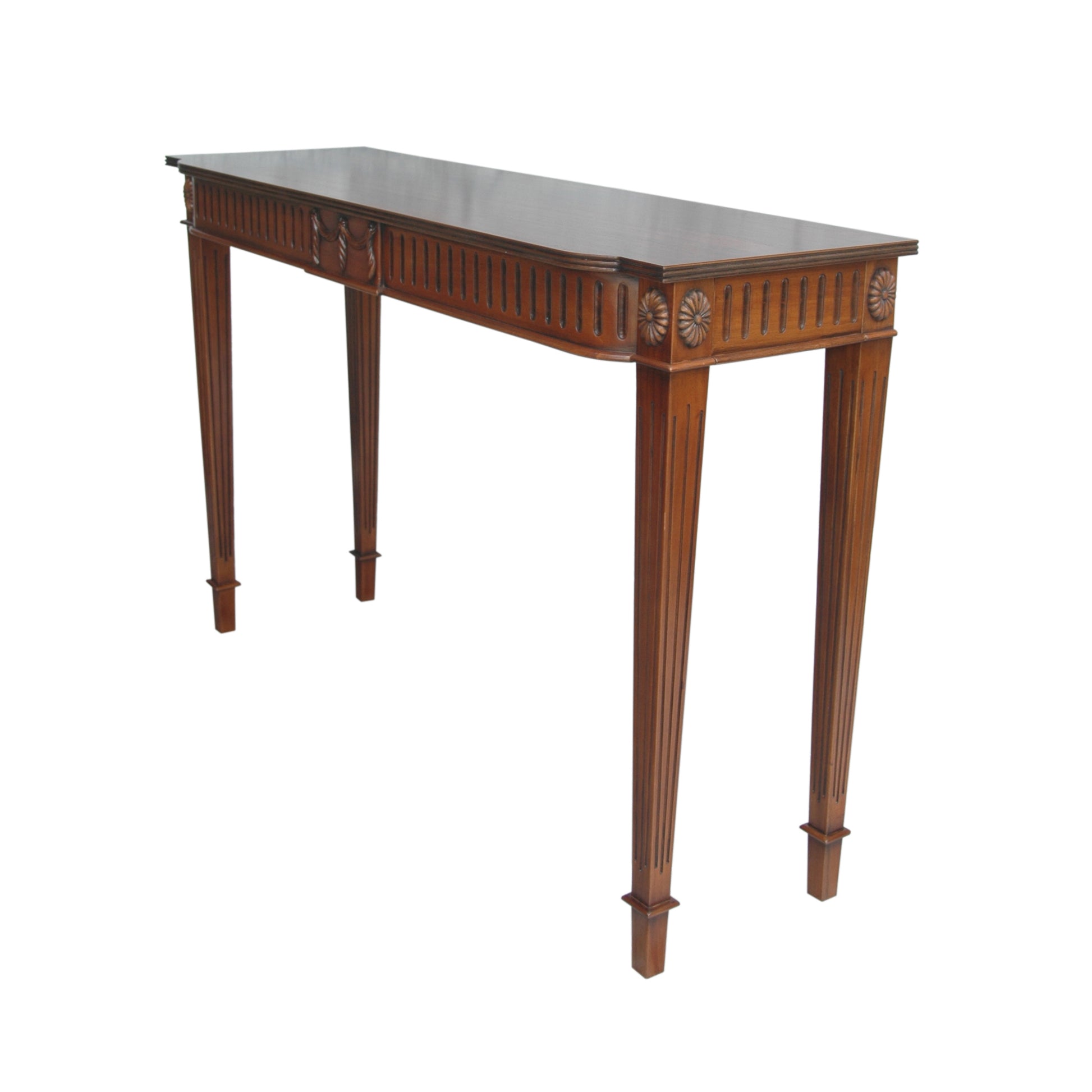 Wooden console table with a white background
