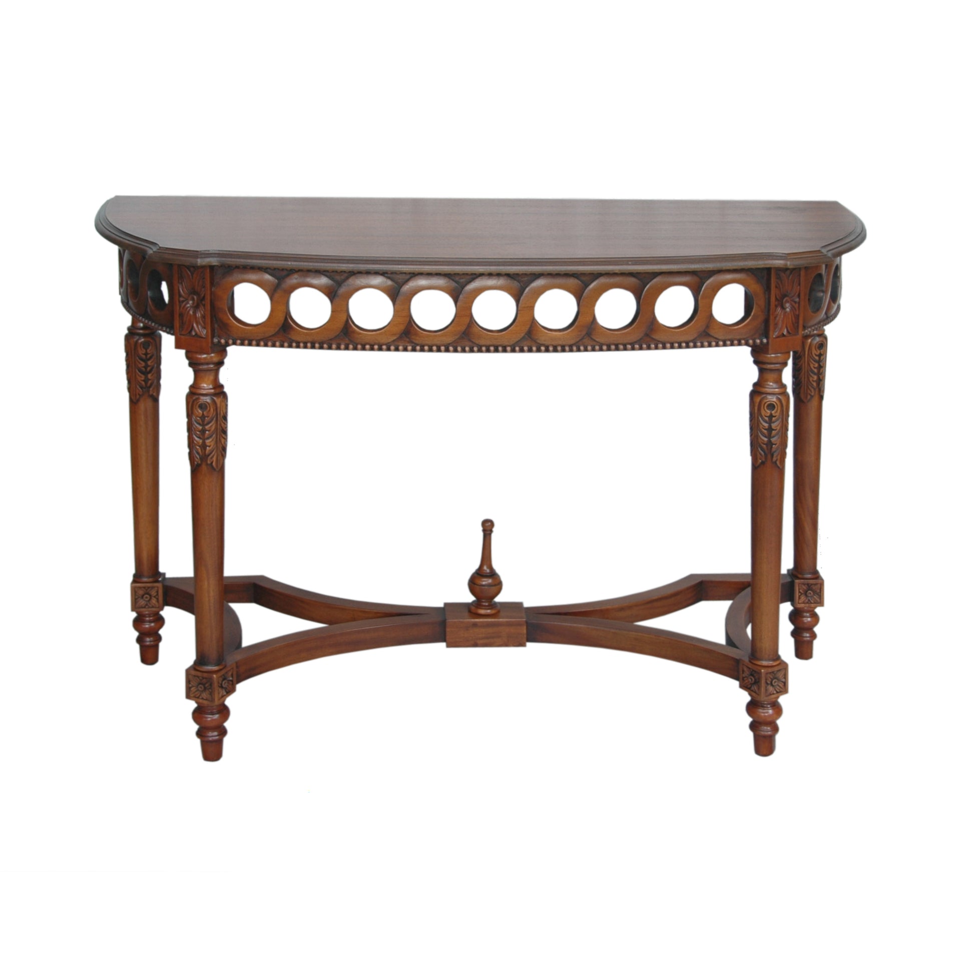 Wooden console table with decorative design on a white background