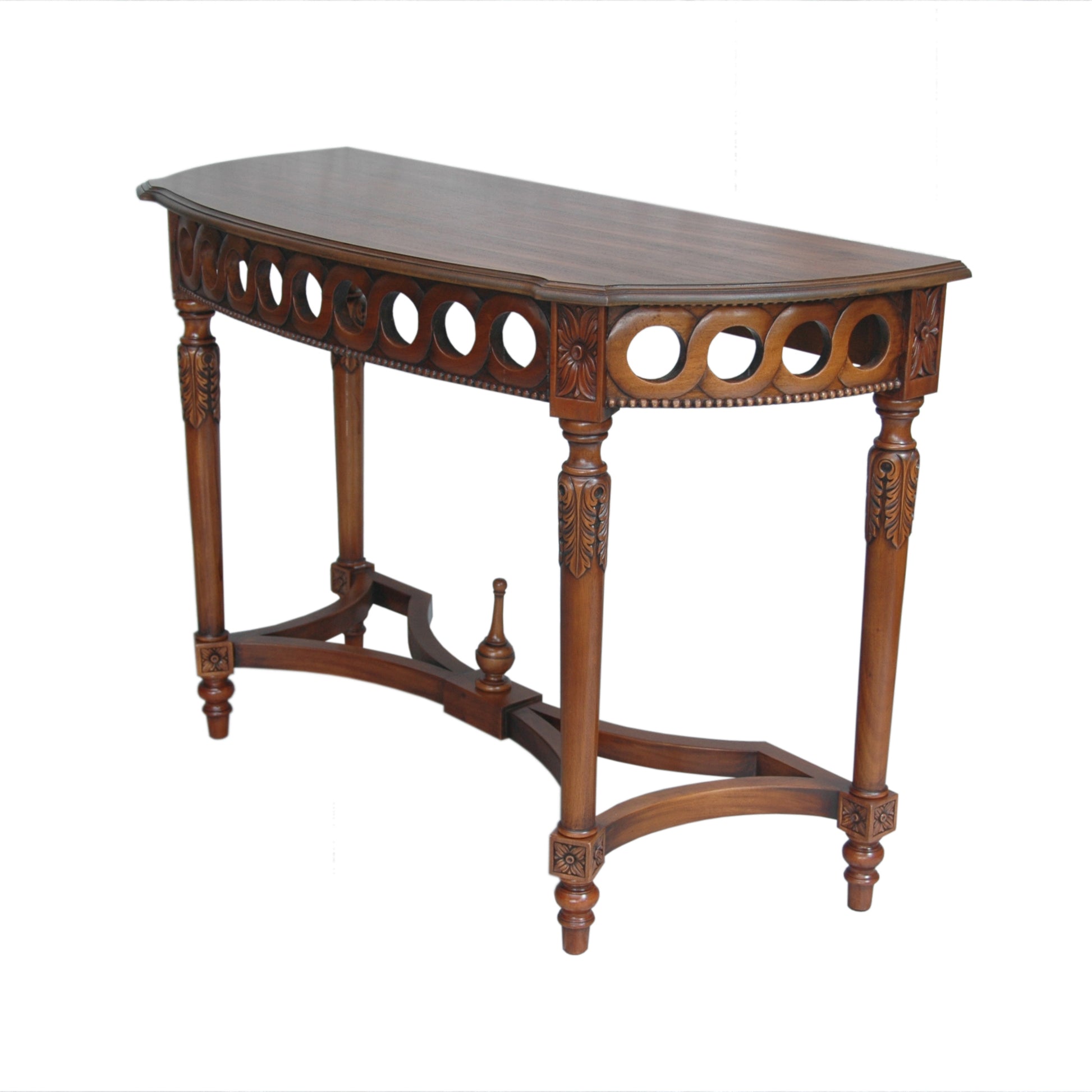 Wooden console table with intricate carvings on a white background