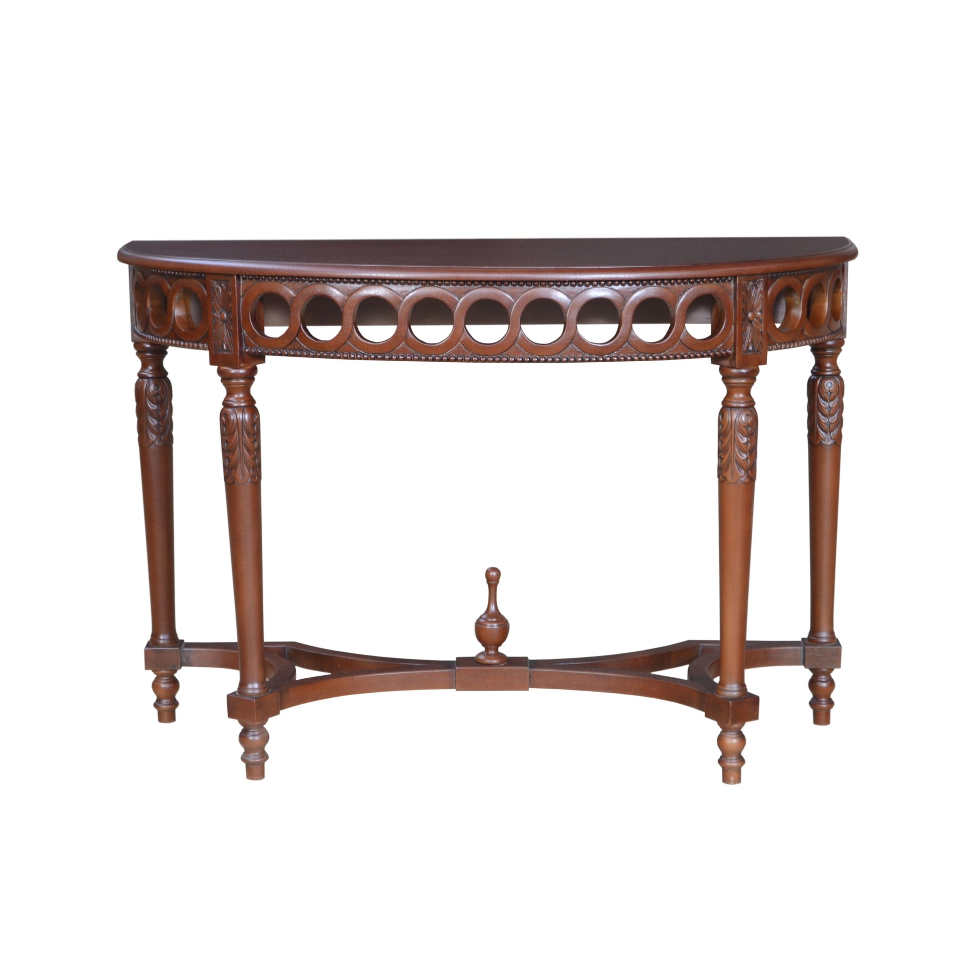 Wooden console table with intricate carvings on a white background