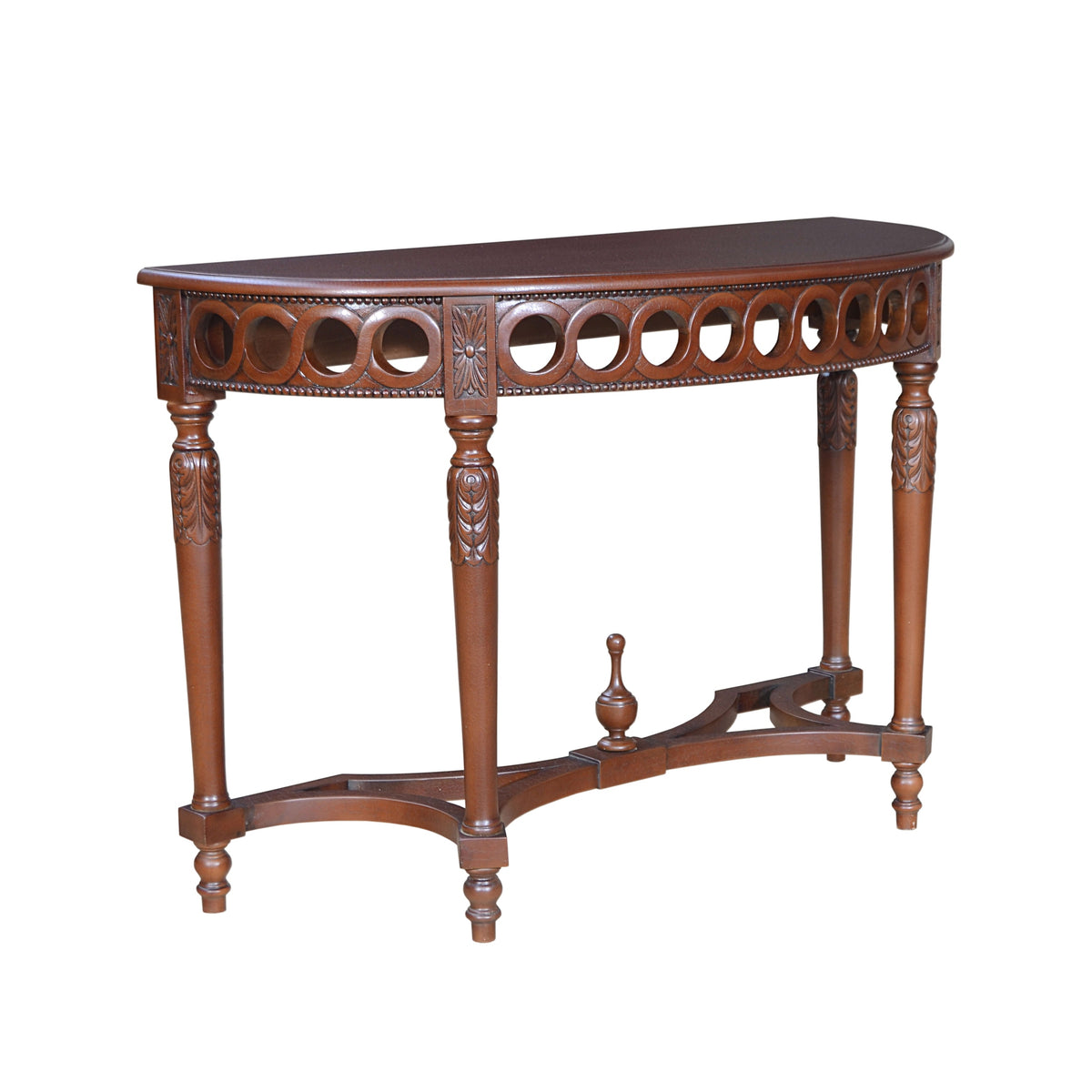 Wooden console table with decorative carvings on a white background
