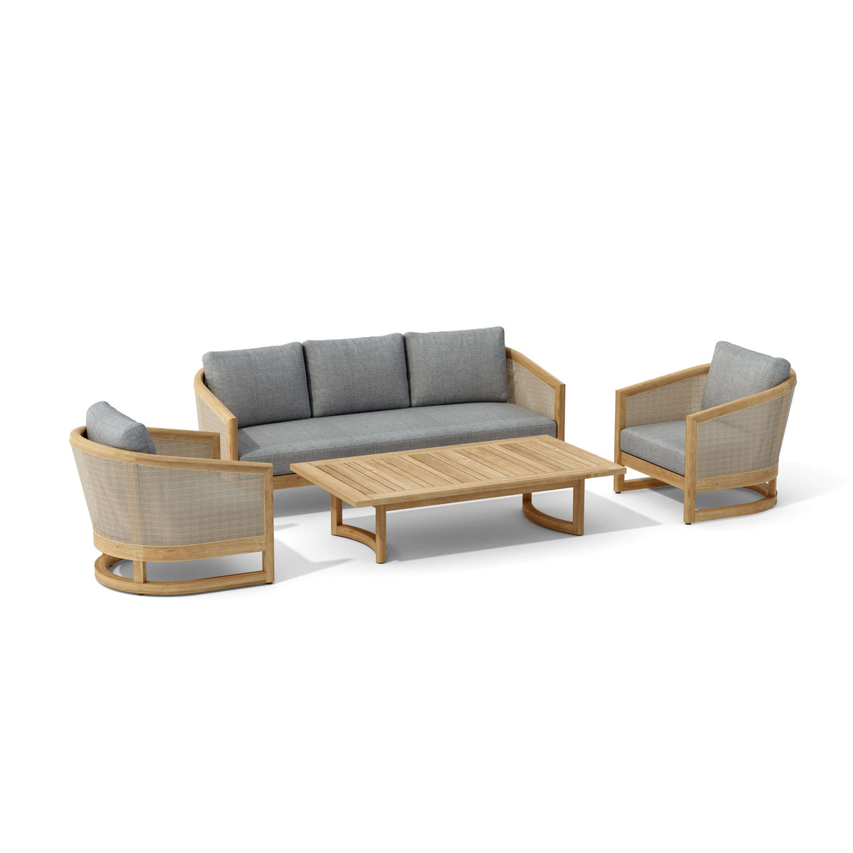 Outdoor furniture set with a sofa, two chairs, and a table on a white background