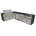 The Old Hickory 137 Inch L-Shaped Outdoor Kitchen Island with Waterfall Granite Countertops, Fridge, Sink and More