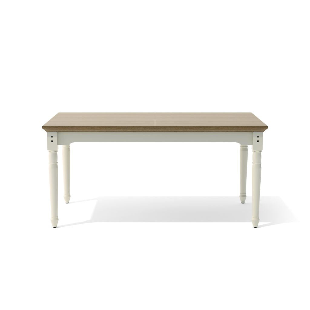 Rectangular table with wooden top and white legs on a white background