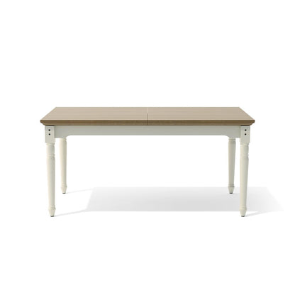 Rectangular table with wooden top and white legs on a white background