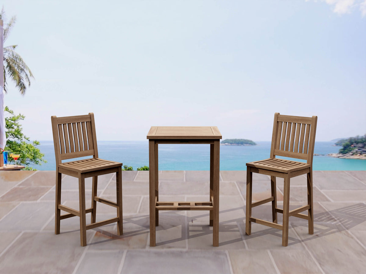 Wooden outdoor table and chairs set with a scenic ocean view.