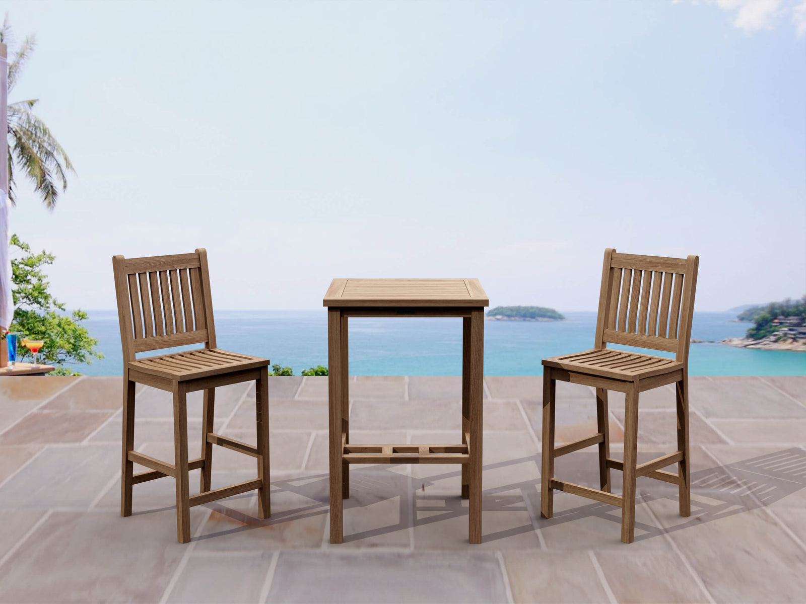 Wooden outdoor table and chairs set with a scenic ocean view.