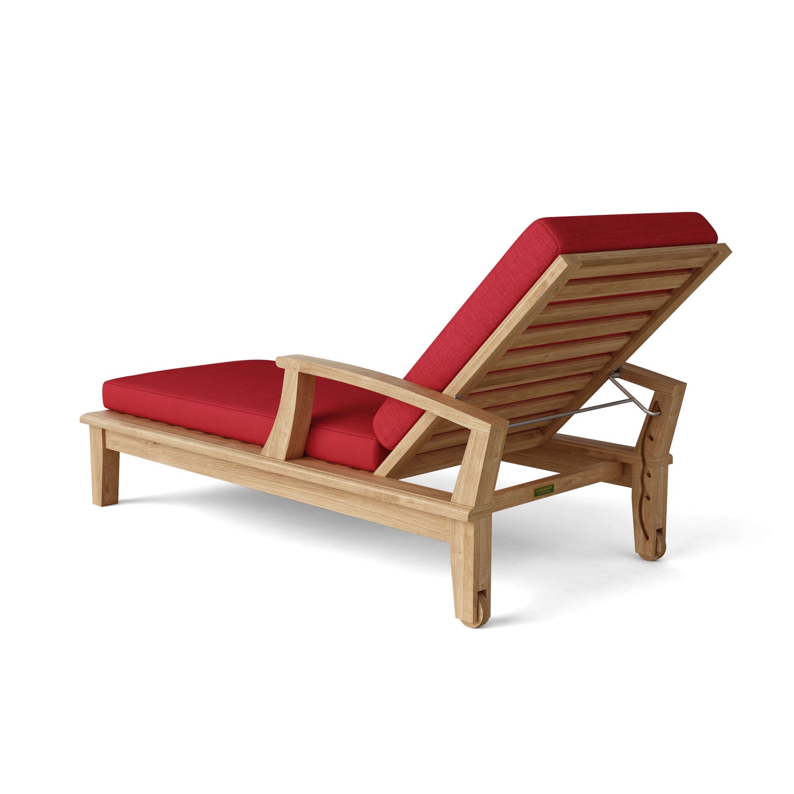 Wooden lounge chair with red cushions on a white background