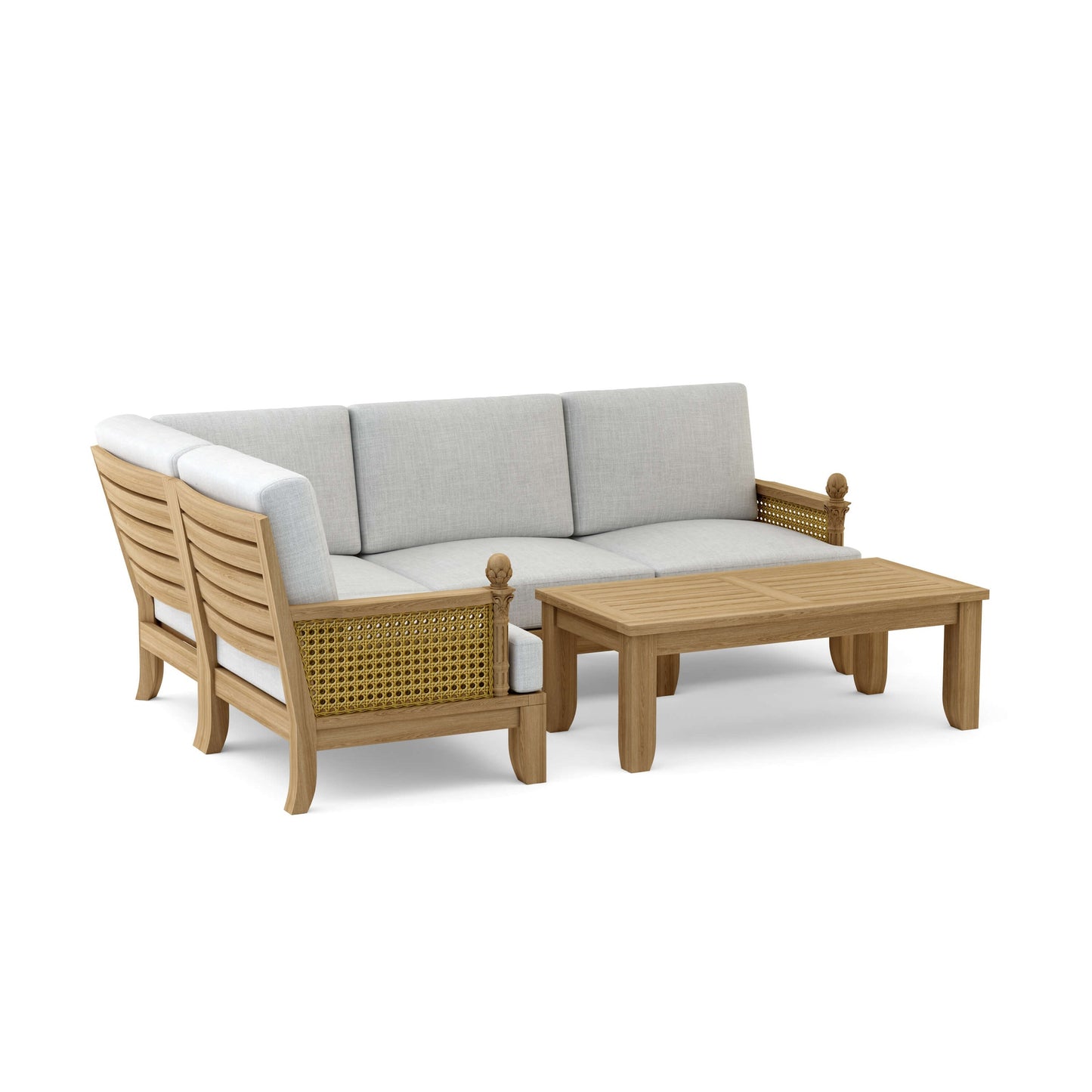 Outdoor furniture set with a sofa, chair, and coffee table on a white background