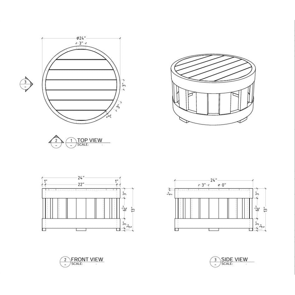 Technical drawings of a round wooden planter with dimensions labeled.