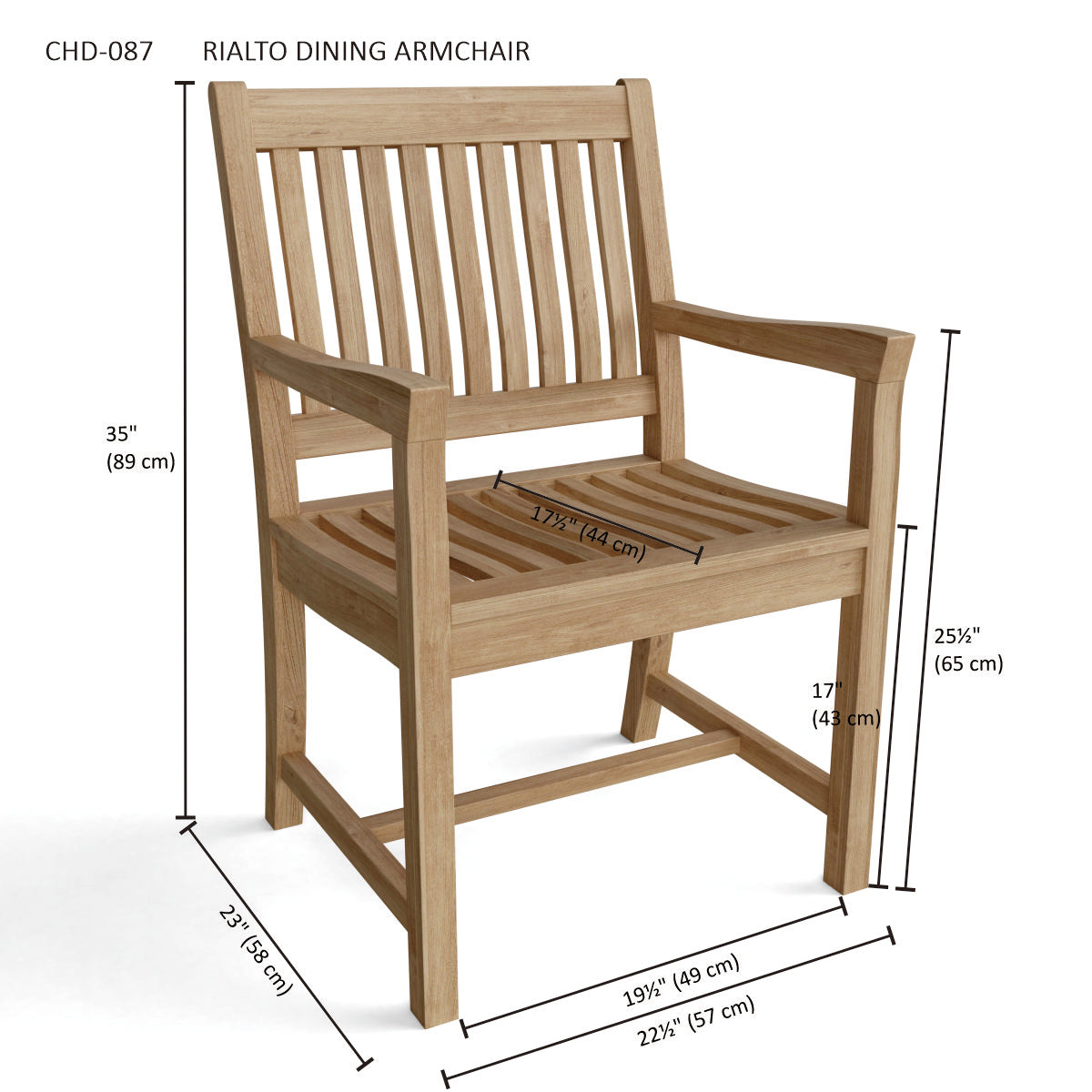 Wooden Rialto Dining Armchair with dimensions on a white background