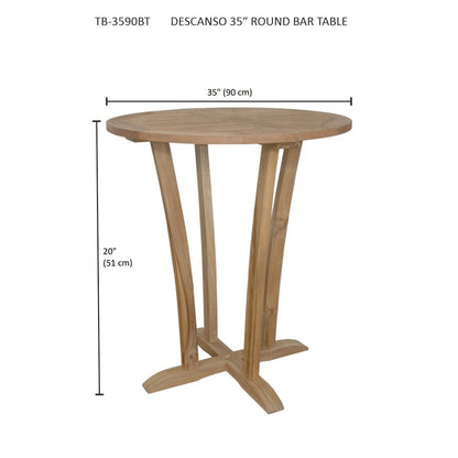 Wooden round bar table with dimensions on a white background