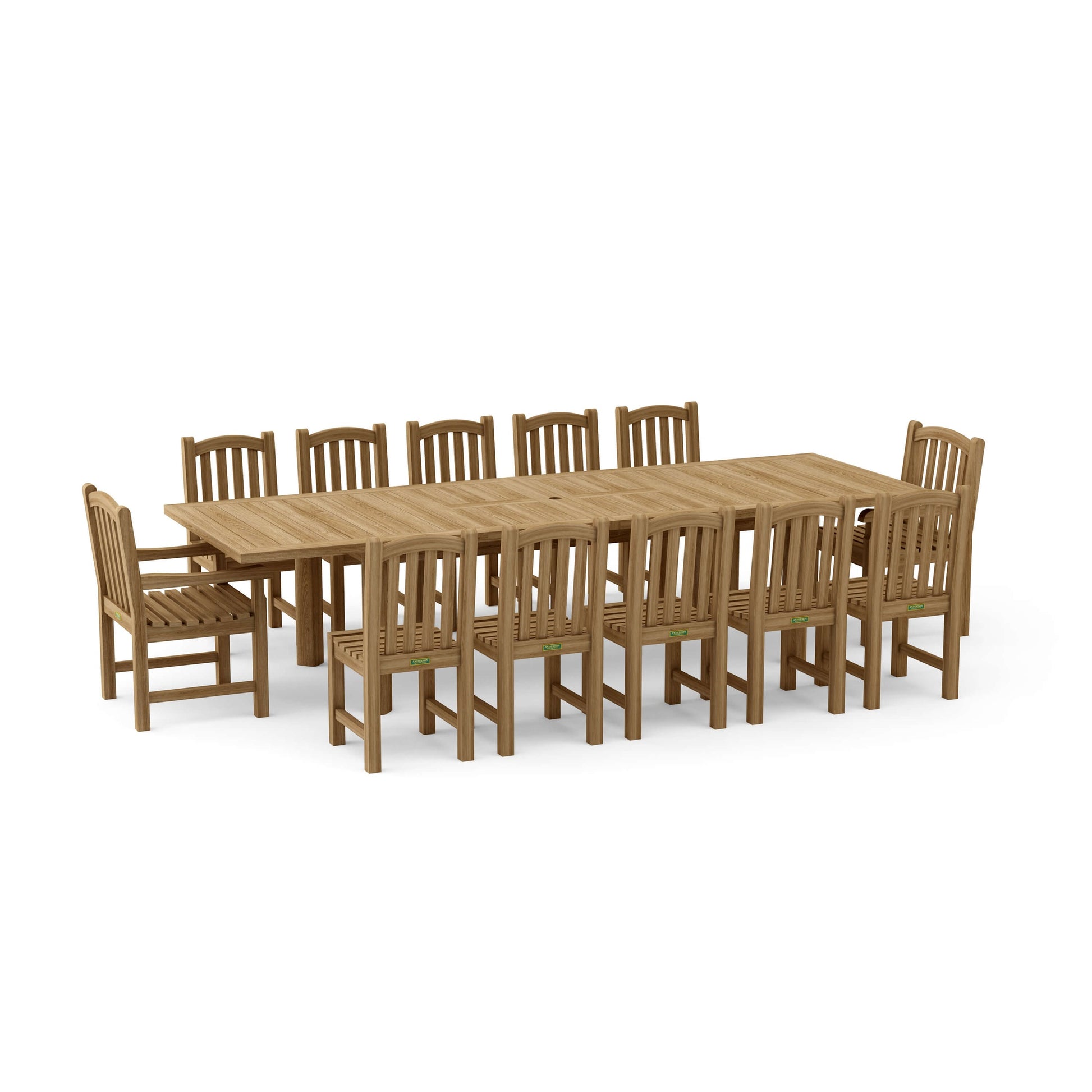 Wooden dining set with a large table and multiple chairs on a white background