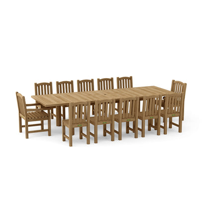 Wooden dining set with a large table and multiple chairs on a white background