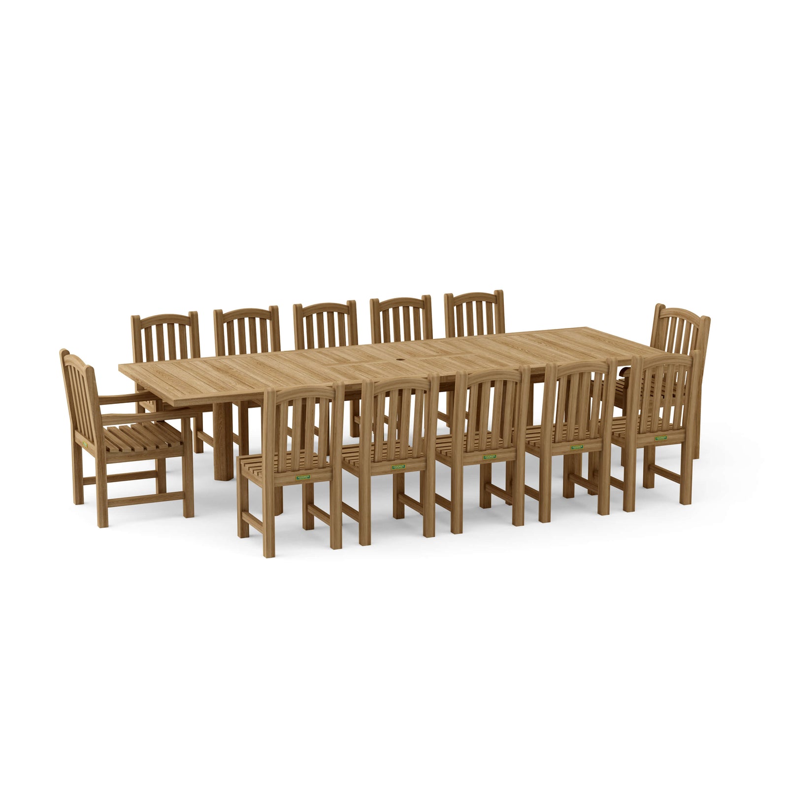 Wooden dining set with a large table and multiple chairs on a white background