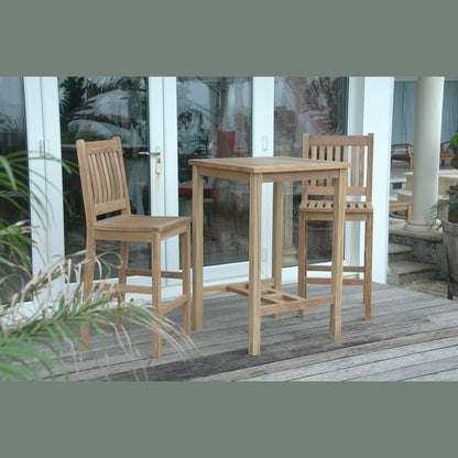 Wooden outdoor bar set with two stools on a patio